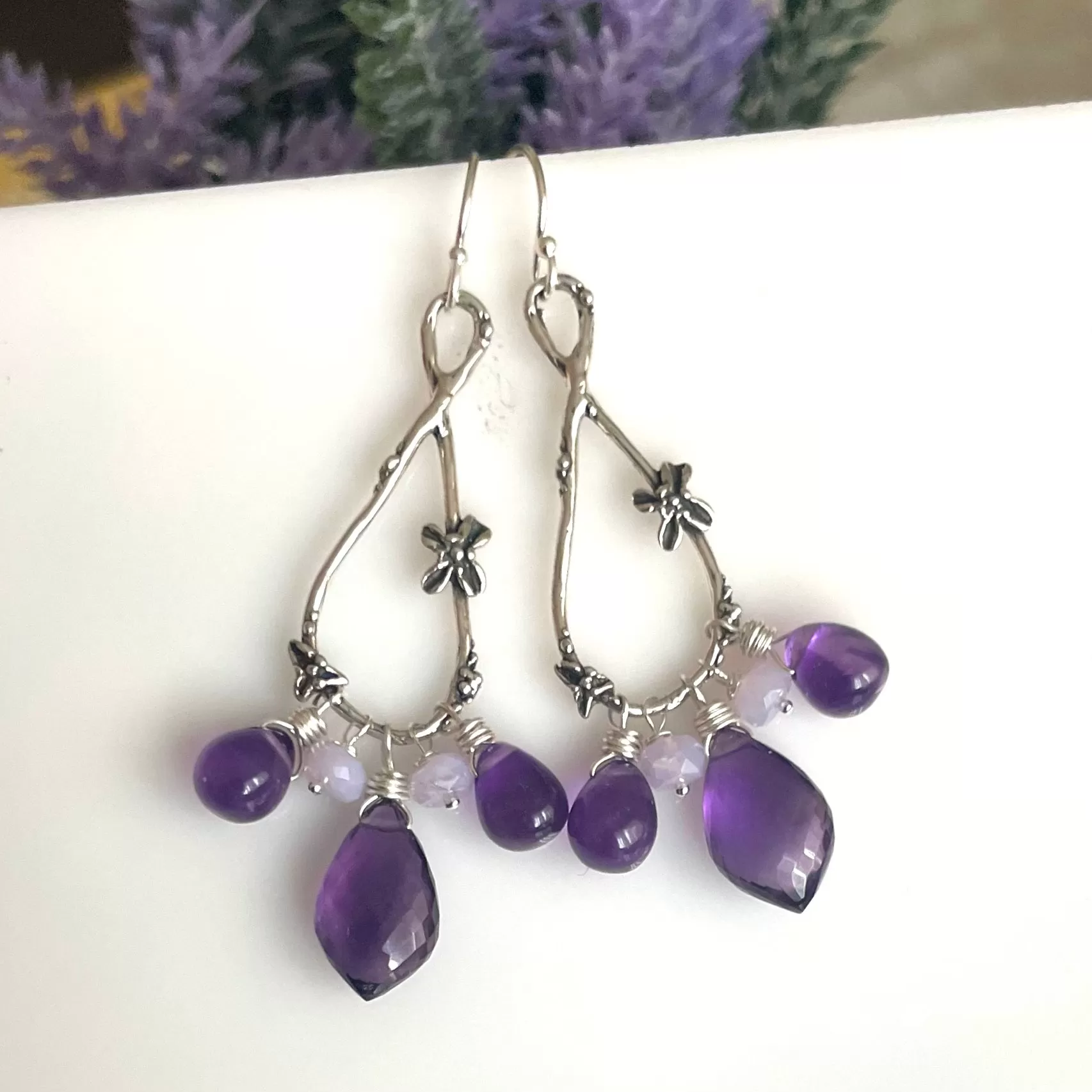 Spring in Your Step artisan floral earrings, amethyst, scorolite opal