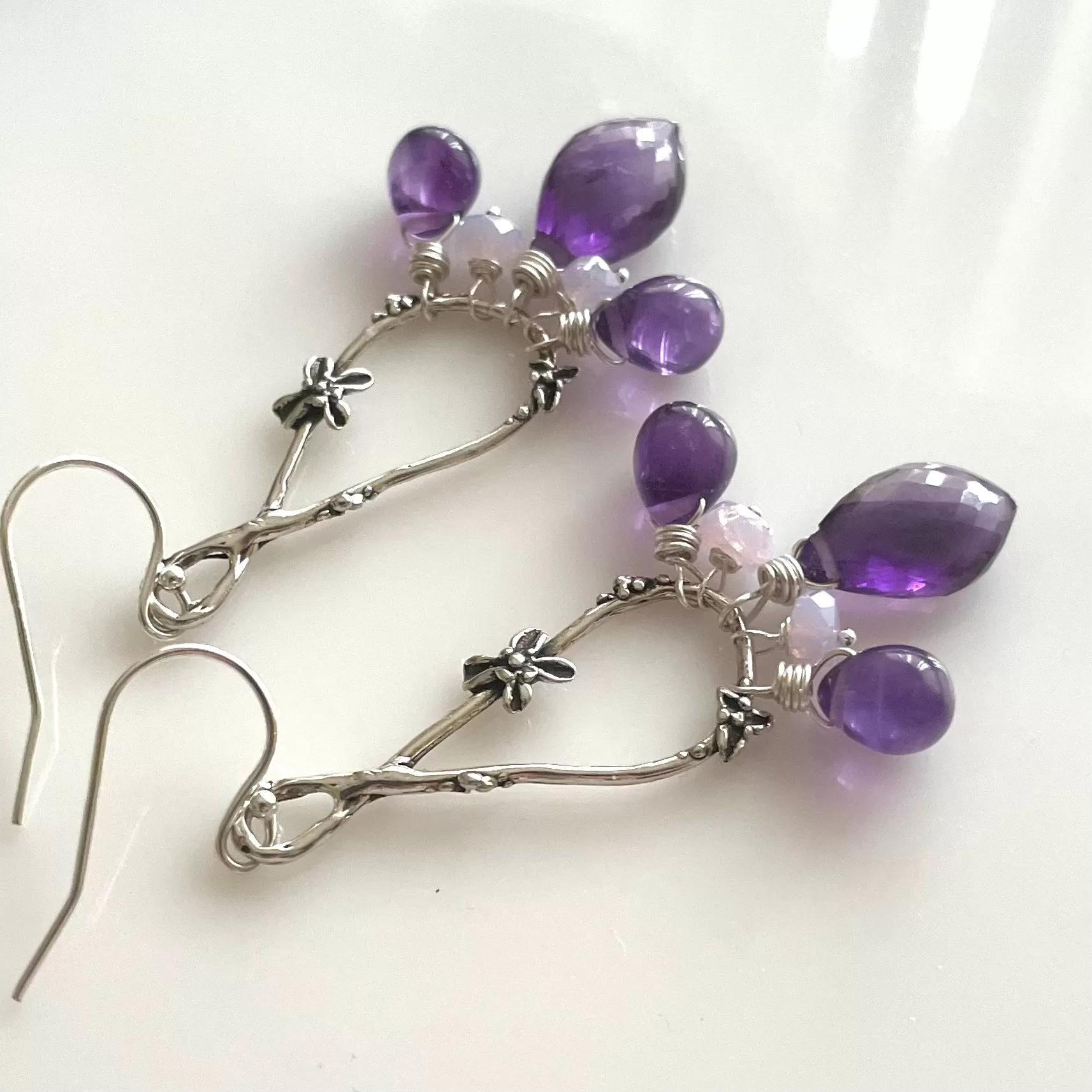 Spring in Your Step artisan floral earrings, amethyst, scorolite opal