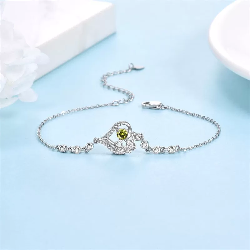 Sterling Silver Birth Month Flower Birthstone Bracelet Anklet Flower Gifts Personalized Heart Floral Jewelry Birthday Gift