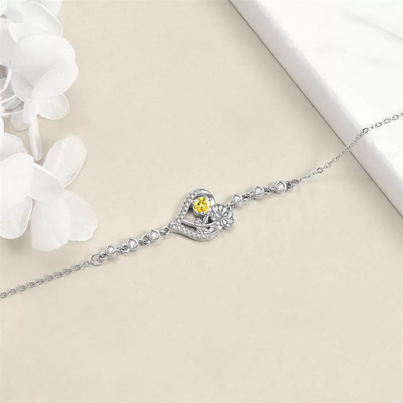 Sterling Silver Birth Month Flower Birthstone Bracelet Anklet Flower Gifts Personalized Heart Floral Jewelry Birthday Gift