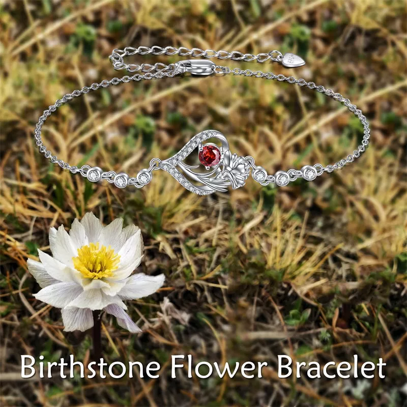 Sterling Silver Birth Month Flower Birthstone Bracelet Anklet Flower Gifts Personalized Heart Floral Jewelry Birthday Gift