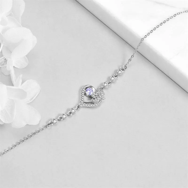 Sterling Silver Birth Month Flower Birthstone Bracelet Anklet Flower Gifts Personalized Heart Floral Jewelry Birthday Gift