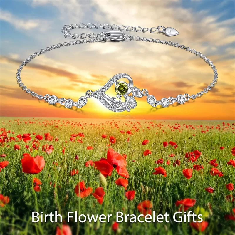 Sterling Silver Birth Month Flower Birthstone Bracelet Anklet Flower Gifts Personalized Heart Floral Jewelry Birthday Gift