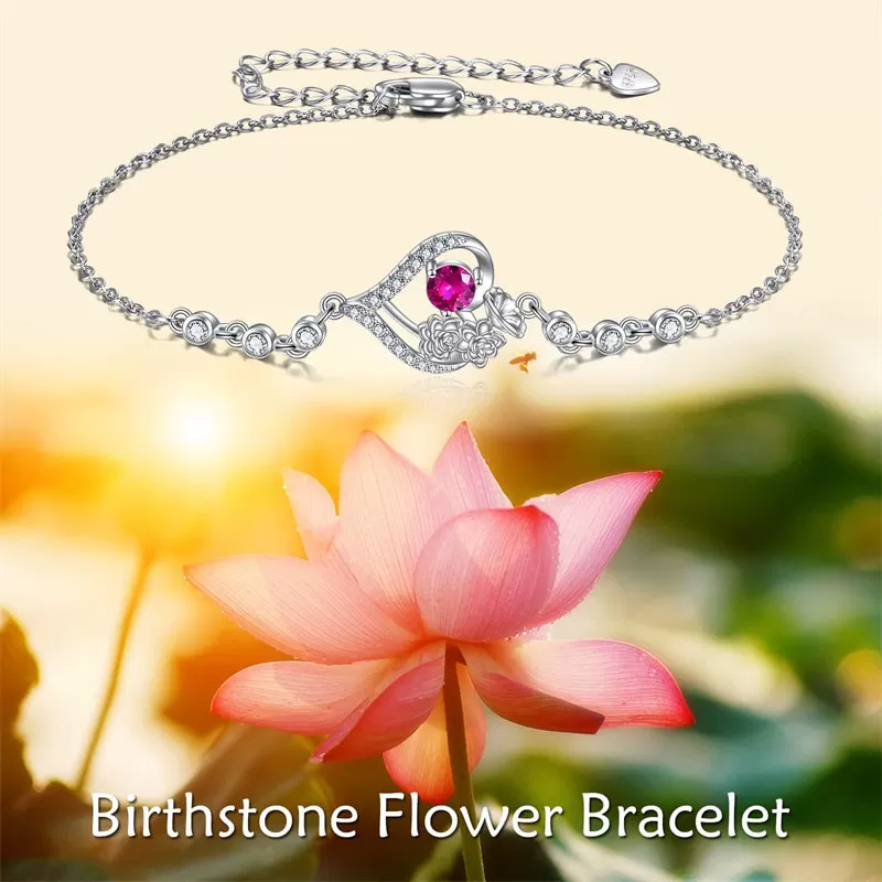 Sterling Silver Birth Month Flower Birthstone Bracelet Anklet Flower Gifts Personalized Heart Floral Jewelry Birthday Gift