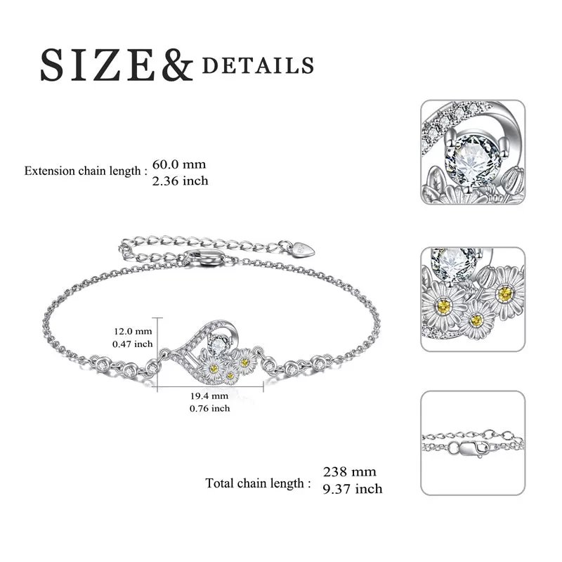 Sterling Silver Birth Month Flower Birthstone Bracelet Anklet Flower Gifts Personalized Heart Floral Jewelry Birthday Gift