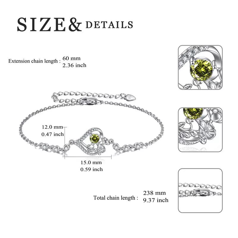 Sterling Silver Birth Month Flower Birthstone Bracelet Anklet Flower Gifts Personalized Heart Floral Jewelry Birthday Gift