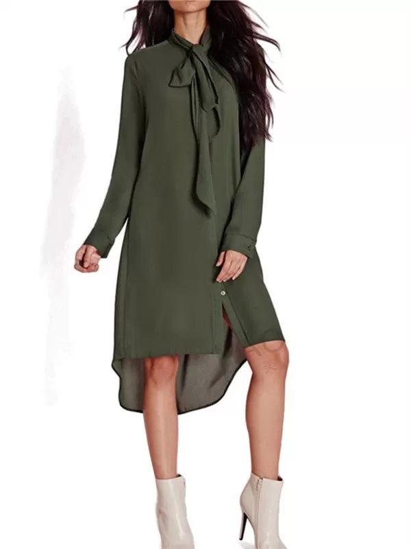 Tie-bow Neck Long Sleeves Dress