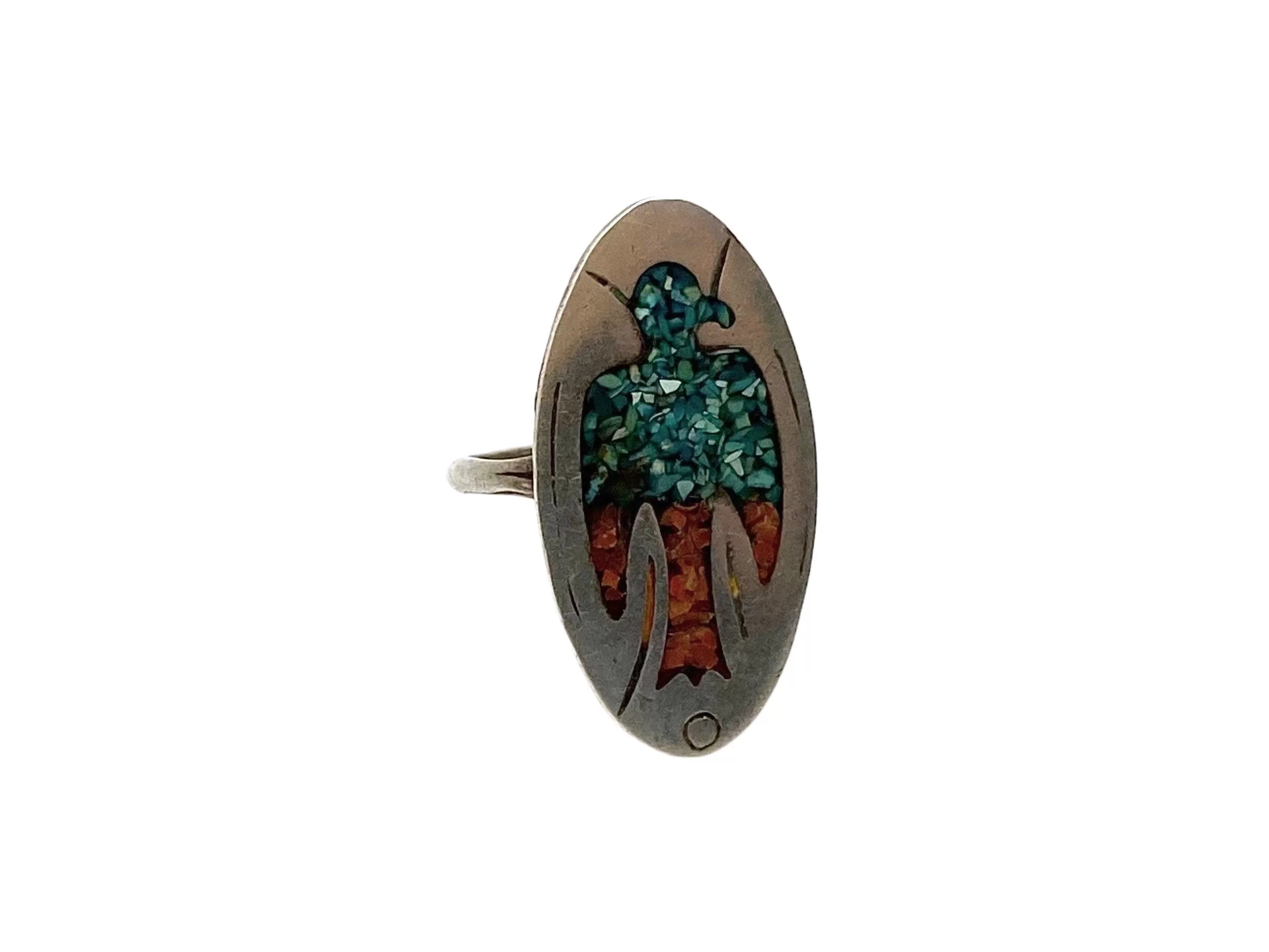 V I N T A G E // bird collage / sterling silver Southwestern inlay turquoise and coral thunderbird peyote ring / size 7.5 to 8