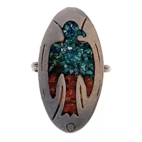 V I N T A G E // bird collage / sterling silver Southwestern inlay turquoise and coral thunderbird peyote ring / size 7.5 to 8